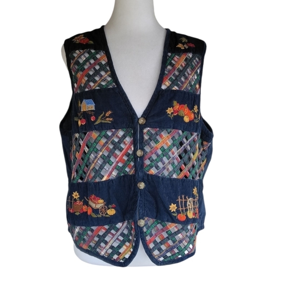 Vintage 90's Casey & Max Plaid Lattice Detail Fall Embroidered Vest Size Large